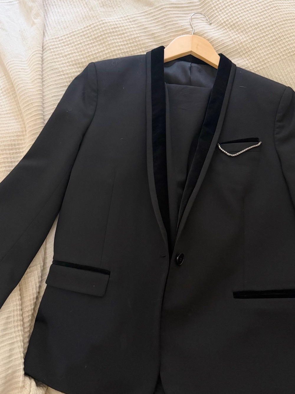 The Kooples Black Velvet-Trim Tuxedo Blazer and Slim Trousers